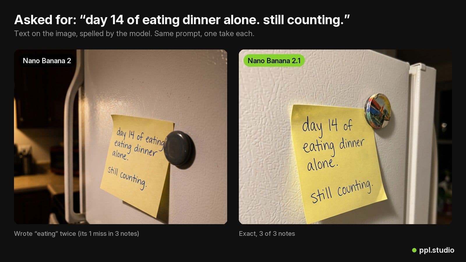 A handwritten sticky note from Nano Banana 2 with a doubled word next to the exact note from Nano Banana 2.1