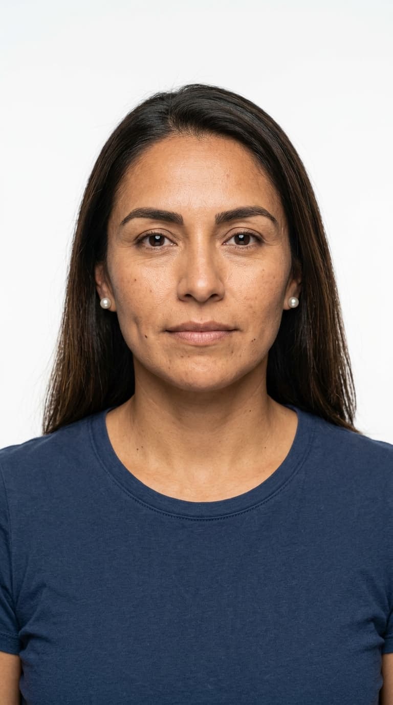 Passport-style portrait of Carmen Reyes, AI UGC creator