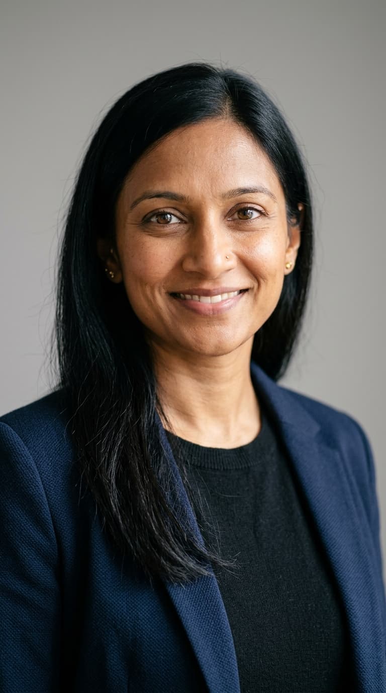 Passport-style portrait of Dr. Priya Nair, AI UGC creator