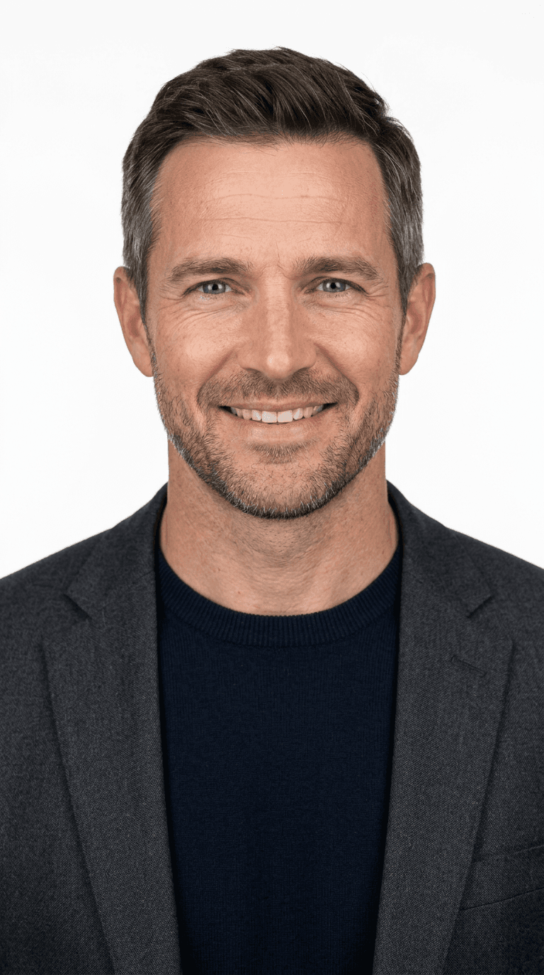 Passport-style portrait of Ethan Thorne, AI UGC creator