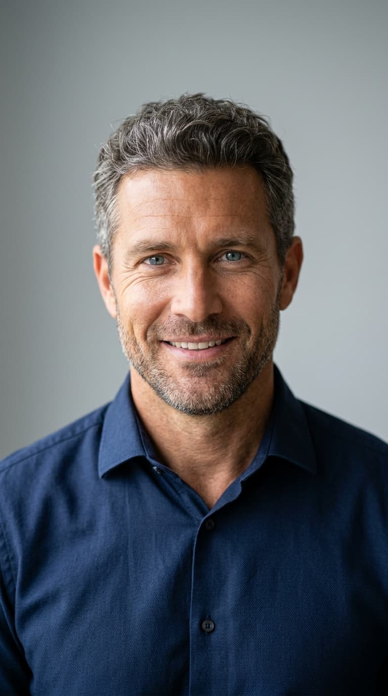 Passport-style portrait of James Whitfield, AI UGC creator