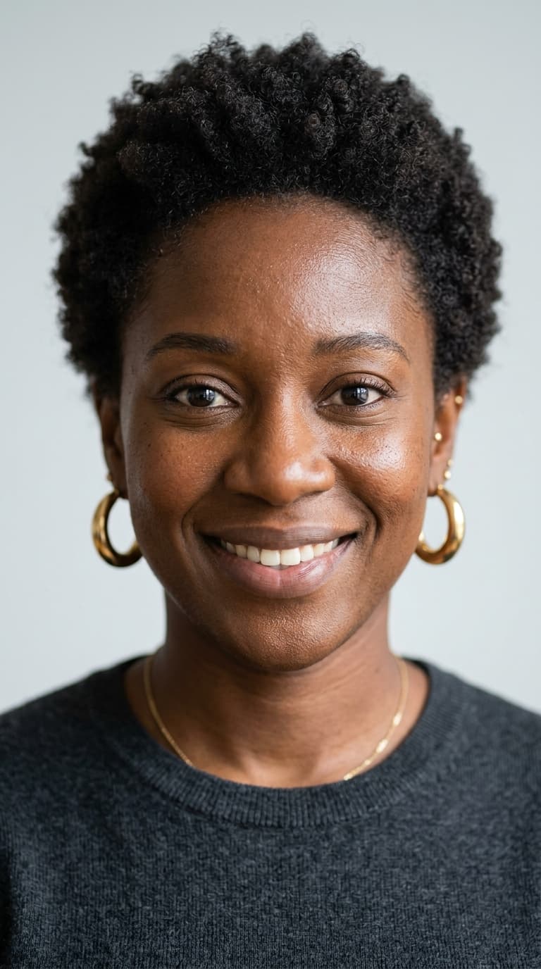 Passport-style portrait of Zara Okonkwo, AI UGC creator