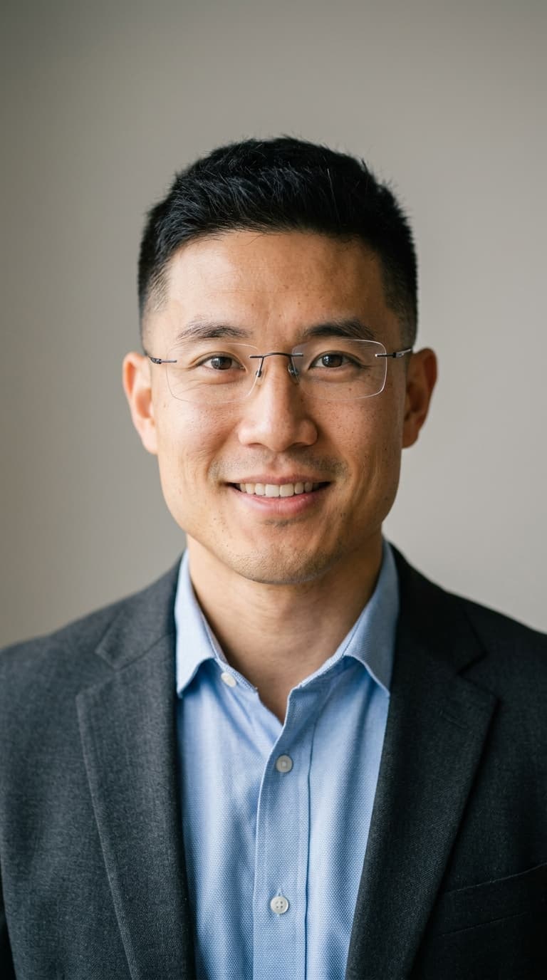 Passport-style portrait of Marcus Chen, AI UGC creator