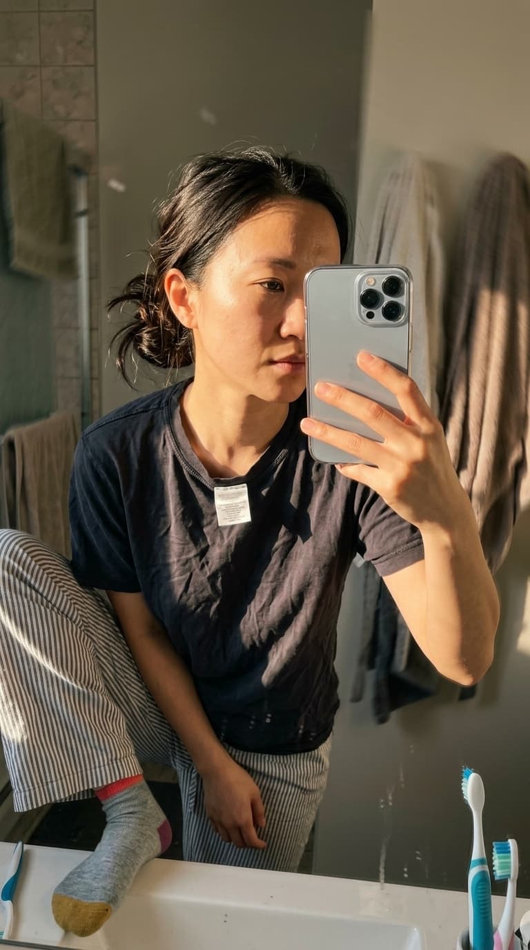 Wei Zhang, mirror selfie, bathroom, golden hour sun