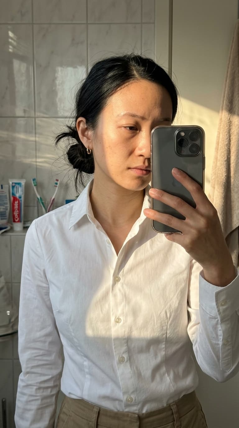 Wei Zhang, mirror selfie, bathroom, golden hour sun