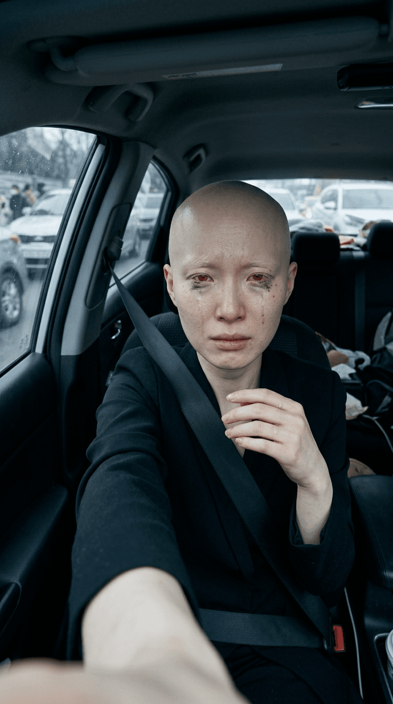 Kora, crying car selfie style